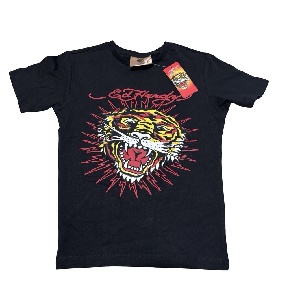 NWT ED HARDY Black Red TIGER Short Sleeve T SHIRT KIDS Large Back Design Too
